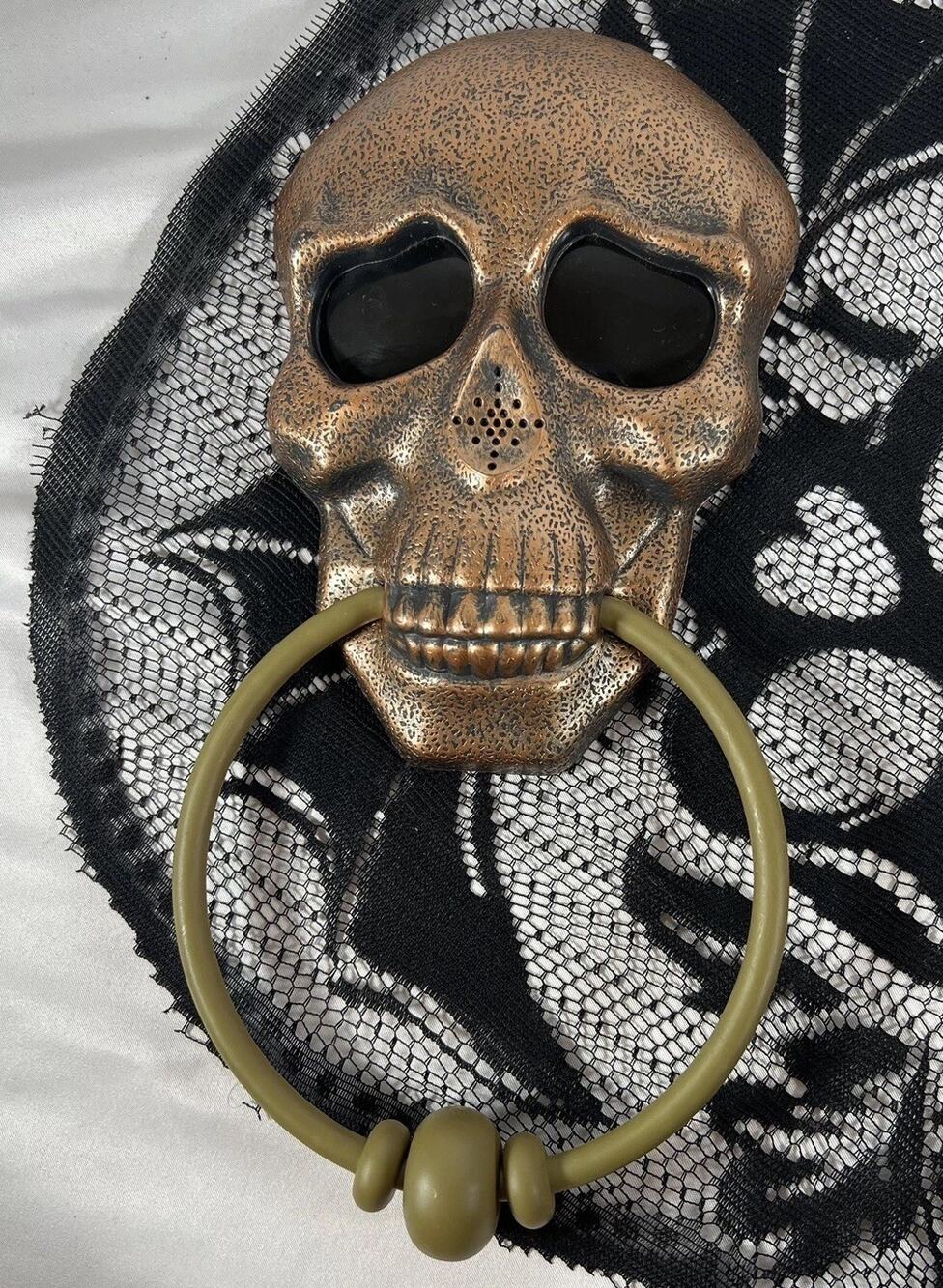 Halloween Skull Door Knocker Decor Red Eyes Skeleton Goth Lights Talking Bronze